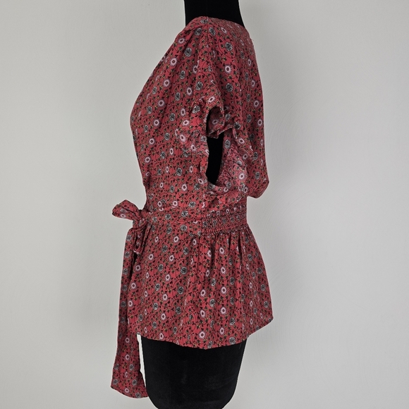 Max Studio Printed smocked waist, tie waist ruffle sleeve blouse - Picture 2 of 10